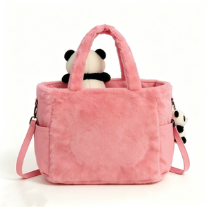 Customized Soft fuzzy panda cartoon handbag for girls, Fluffy <b>plush</b> panda <b>large</b> capacity shopping tote - Product Image 5