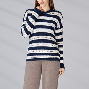 Knitwear Manufacturer Long Sleeve Striped Breathable Streetwear <b>Jumper</b> Autumn <b>Mesh</b> Cotton Sweater for Women - Product Image 6