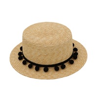 Topi Jerami Alami Berbahan Jerami Gandum, Model Pom Pom Hitam Manis, Pinggiran Kecil, Cocok untuk Wanita, Liburan Musim Panas, Pelindung dari Sinar Matahari