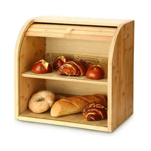 面包盒，2 层竹面包盒用于厨房食品储存, 大容量面包管理员卷顶与可移动层