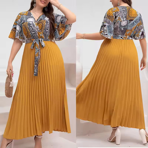 เดรสลำลองไซส์ใหญ่พิเศษ XL-4XL ดีไซน์หรูหรา ระบายอากาศได้ดี แห้งเร็ว เอวทรงเอ็มไพร์ จับจีบ คอวี ลายดอกไม้ แขนทรงกลีบดอกไม้ สำหรับฤดูร้อน - Product Image 2