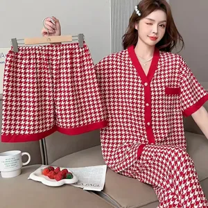 Net Đỏ Sống nổ walr đồ ngủ cotton Phụ nữ mùa hè nhỏ cổ tích gió may mắn thỏ ba mảnh phù hợp với nhà