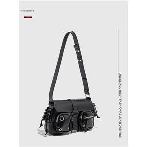 High Quality Fashion <b>Black</b> Motorcycle Crossbody Shoulder <b>Bag</b> Women Single <b>Strap</b> Zippered Multi-Flap Pockets Waterproof PU - Product Image 1