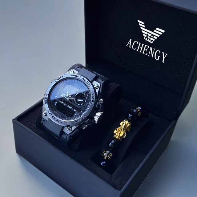 Waterproof LED Quartz Men's Sport Watch with Double Display Wristwatch Clock Featuring Shock Dial Rubber Band and Alloy Case