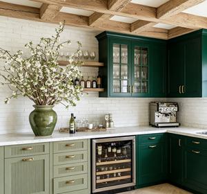 BALOM Customized Farmhouse Olive Green <b>Kitchen</b> Cabinet <b>Furniture</b> - Elegant Cabinetry with Ribbed Doors & Open Storage Shelves - Product Image 2