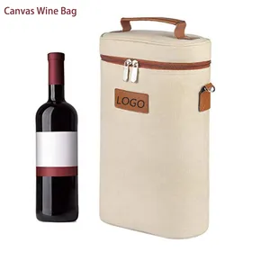 Subolsa transportadora de couro para viagens, sacola reutilizável portátil para vinho e gelo, feita em couro com 2 garrafas