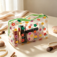 Sac de voyage transparent en PVC avec fermeture éclair verte, motif floral mignon, étanche, pour cosmétiques et articles de toilette, vente en gros