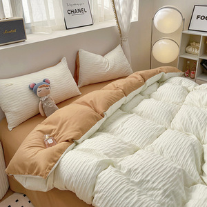 2023 nuevo Seersucker poliéster cepillado Color sólido cómodo cuatro piezas sábana funda de edredón juego de cama - Product Image 4