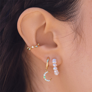 Pendientes Colgantes Asimétricos de Plata de Ley S925 con Estrella, Luna, Circonita y Ópalo, 18k - Product Image 5
