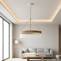 Luminaire Jingshi en forme d'anneau doré avec franges en tube de verre, longues bandes de verre verticales, éclairage chaleureux pour la décoration de plafond à domicile