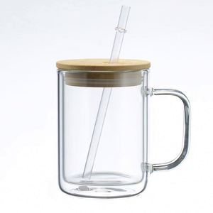 RTS USA 25 pièces/carton 17oz Verres à bière en verre transparent pour sublimation, avec poignée et couvercle en bambou, sans BPA, anti-fuite, réutilisables, style américain - Product Image 3