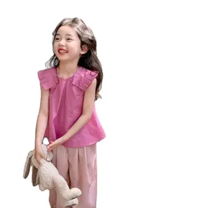 2023新款可爱2件2-7岁学步女孩卡其布褶边上衣和棕色灯笼裤儿童服装套装