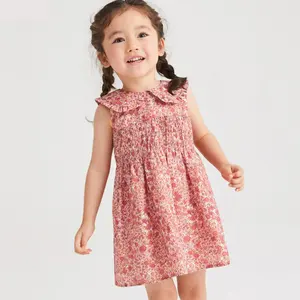 Full Flower Printed Pleat Chest Sleeveless 2-7 Years Kids Girl's Summer Smocking Dress