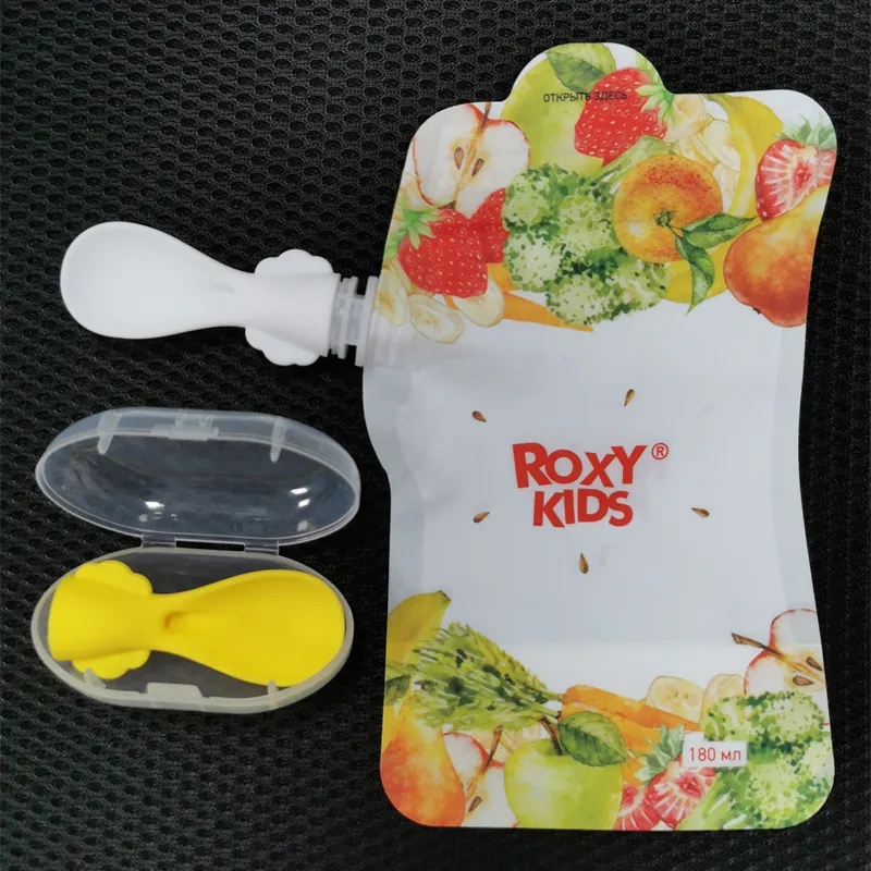 खाद्य ग्रेड पुनः प्रयोज्य प्यूरी पैकेजिंग बेबी फूड पाउच सिलिकॉन चम्मच