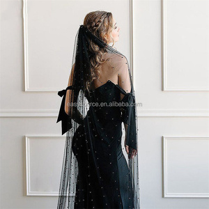 Velo de Novia YM24 de 1 Nivel, <span class=keywords><strong>Mantilla</strong></span> Negra <span class=keywords><strong>con</strong></span> Perlas y Encaje, Tul Transparente, Borde de Cuentas Hecho a Mano, Accesorios para el Cabello - Product Image 4