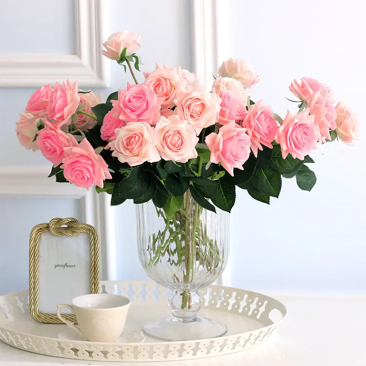 43cm preço de fábrica barato único duas cabeças toque real flor artificial seda flores rosas vermelhas para decoração de casamento