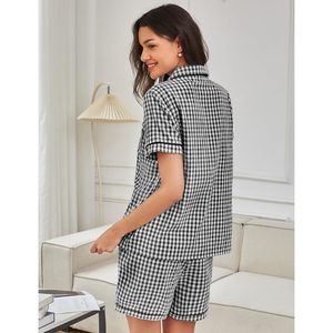Ensemble pyjama 2 pièces en coton à carreaux pour femme, manches courtes, boutonné, vêtements de détente, vêtements de nuit, été - Product Image 4