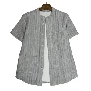 Wholesale Stripe Standing Collar Button Down Loose Comfortable Breathable Short Sleeved Men's Linen Shirt for Leisure Time