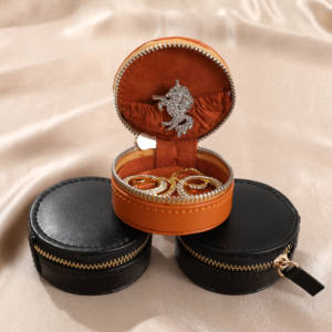 Boîte à bijoux de luxe avec logo personnalisé, organisateur de bijoux avec fermeture éclair, étui rond miniature en cuir PU pour collier, boucles d'oreilles, bagues - Product Image 2