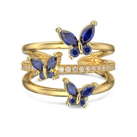 Vente en gros de bagues en argent 925 plaqué or 18 carats avec pierre émeraude taillée, design à trois couches de zircon, bague papillon, bijoux tendance