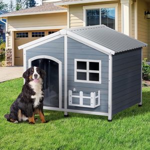 Casa de perro extragrande de 47 "para 2 razas medianas, impermeable, <span class=keywords><strong>PVC</strong></span>, para techo, ventana, Material de madera, gris, XXL, casa de perro para exteriores, razas grandes - Product Image 4