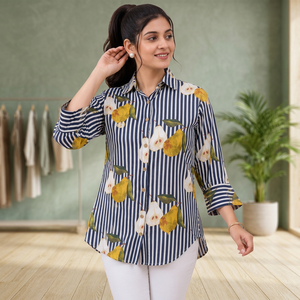 Camisa Casual Estampada 100% Algodón para Mujer, Azul Marino con Rayas y Estampado de Pera, Cuello con Botones, Manga 3/4, Blusa de Moda para el Día a Día - Product Image 3