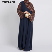 Robe de soirée islamique de luxe modeste pour femme, en mousseline bleu marine, avec imprimé floral cachemire contrastant, manches cloche évasées et ceinture à nouer