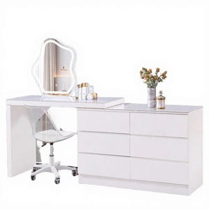 โต๊ะเครื่องแป้งไม้สีขาวสไตล์โมเดิร์นขายดี พร้อมกระจกไฟและเก้าอี้ - Product Image 3