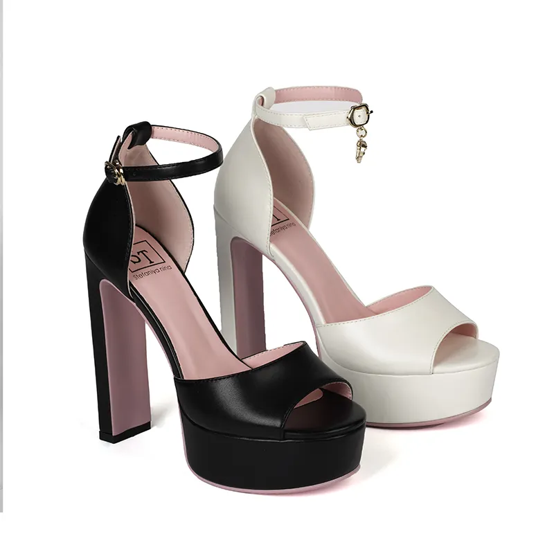 High quality Sexy black PU pink summer womens open toe ankle high chunky heel women strap sandals heel sandals shoe for woman