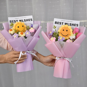 Bouquet de fleurs en laine tricotées, fleurs finies, fleurs tissées à la main, tournesols souriants, cadeaux pour petites amies et amies - Product Image 4