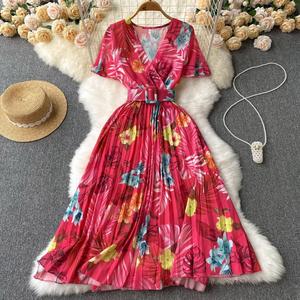Dre Beach Vacation Abito Floreale da Donna con Scollo <span class=keywords><strong>a</strong></span> V e Cintura Annodata, Stile Etereo Casual - Product Image 2