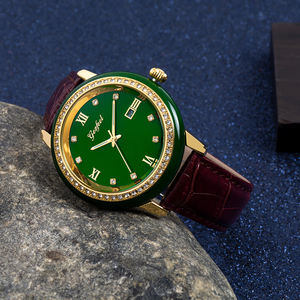 Montre pour femme en jade vert, lunette en cristal, mouvement à quartz Miyota, boîtier en alliage IPG, bracelet en PU, étanche, personnalisable - Product Image 4