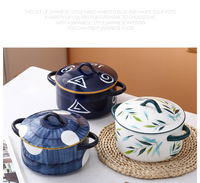 Grand pot en céramique de couleur japonaise sous glaçure créative avec deux oreilles et couvercle