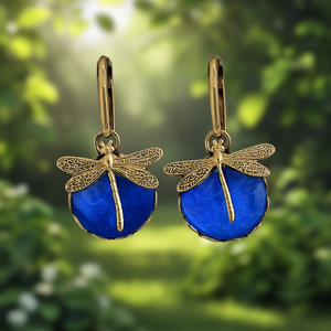 Pendientes colgantes vintage con diseño de libélula para mujer, chapados en oro antiguo, con cristal azul y engaste de bisel de diamantes de imitación, joyería colgante de moda. - Product Image 2