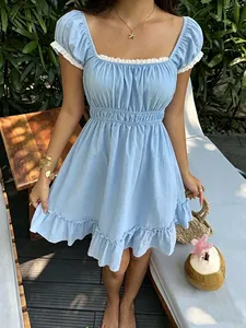 Abito estivo stile francese a trapezio da donna con scollo quadrato, maniche a sbuffo <span class=keywords><strong>e</strong></span> finiture in pizzo, vestibilità slim, perfetto per uscite casual - Product Image 6