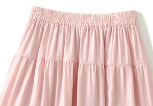 Women's Pink A-Line Tiered <b>Skirt</b> <b>Elastic</b> Waist Soft 100% Cotton Floor-Length Casual Sweet Style Solid Color - Product Image 2