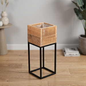 Wooden Planter With Iron Stand <b>Square</b> Rustic Style Indoor Flower <b>Pot</b> For Green Plants - Product Image 3