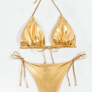 Traje de Baño Bikini Metálico Dorado de Lujo con Logotipo Personalizado del Fabricante, Traje de Baño de Dos Piezas para Mujer - Product Image 3