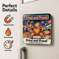 Autocollant magnétique décoratif carré pour réfrigérateur « Fun Fried Chicken Hercules » – « Frit et Fier »
