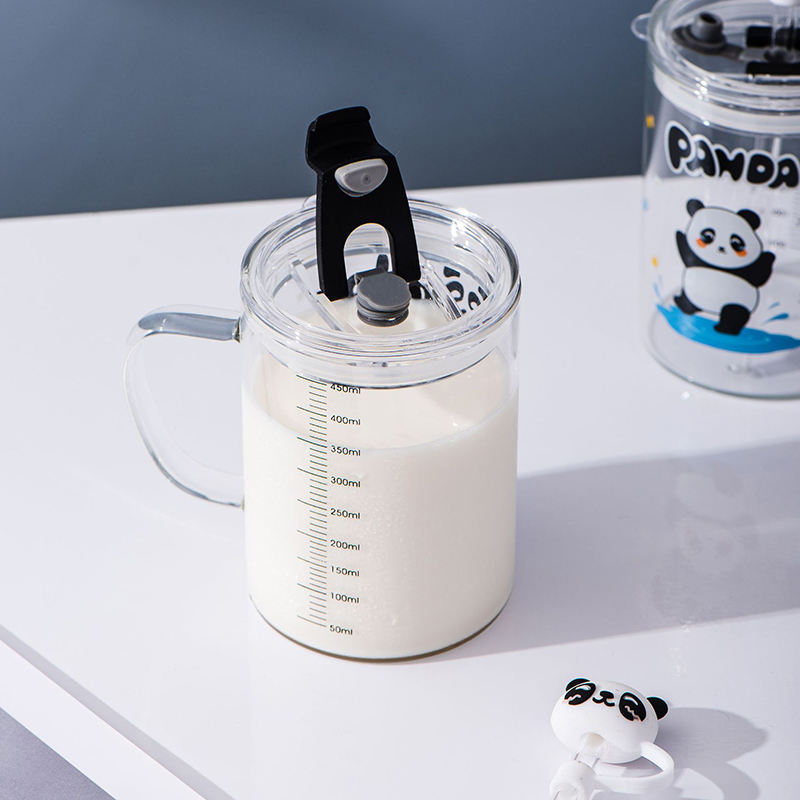Cartoon OEM Printing Home Creative Panda Children Water Cup Milk Clear Glass Cups Mug With Handle Straw and Lid
