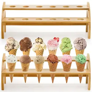 Bambu 2 Camadas Ice Cream Cone Titular Durável Acácia De Madeira Waffle Cone Display Holder Sushi Hand Roll Pipoca Suporte Temaki