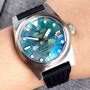 Montre de plongée Tandorio 62mas <span class=keywords><strong>38mm</strong></span> |   Montre à remontage automatique avec cadran en nacre bleu glacé, verre saphir bombé et bracelet gaufré, marque haut de gamme - Product Image 1
