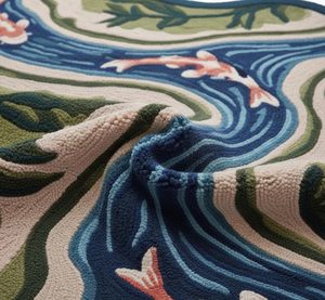 Hand Tufted Koi Fish Wool Carpet in Blue Beige Irregular River Style Area Rug for Living Room Bedroom Nursery <b>Kids</b> Room Lounge - Product Image 2