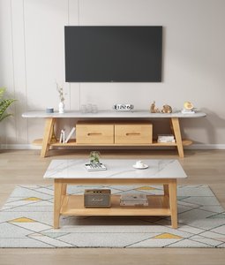 Meuble TV en bois massif naturel de haute qualité avec tiroirs et étagères, console multimédia pour salon - Product Image 2