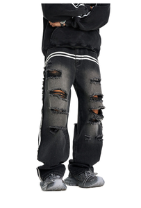 Pantalon en <span class=keywords><strong>jean</strong></span> déchiré et délavé pour jeunes garçons KY Cool, style boyfriend, avec rayures blanches sur le devant, pour hommes - Product Image 4