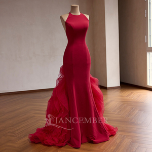 Rsm251077 Elegant <b>Red</b> Halter Evening Dress Sleeveless Ruffles Customizable Prom Gown Jancember - Product Image 5
