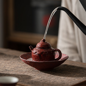 Ocher Red Coarse Pottery Tea Tray Small Household Tea Set with Water Storage Table and Teapot Mat Tea Table - Product Image 3