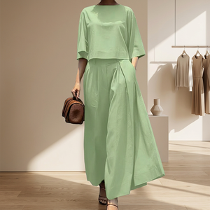 Ensemble 2 pièces pour femmes, vert uni, col rond, manches longues, pantalon large à jambes courtes, coupe régulière, décontracté, printemps-été, 100% polyester, vintage - Product Image 3