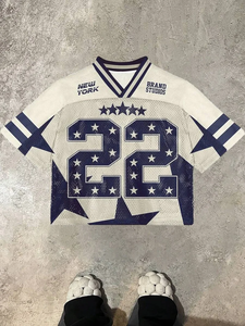 VARLDENS Star 22 Maillot en maille rétro streetwear 100% coton pour base blanche avec accents bleu marine Automne 2025 Anti-rides Séchage rapide - Product Image 2