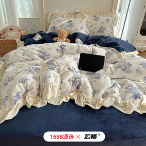 Korean-Style Floral Milk Fleece Four-Piece <b>Bedding</b> <b>Set</b> With Lace Trim Princess Style Double-Sided Warm Autumn Winter Use - Product Image 4